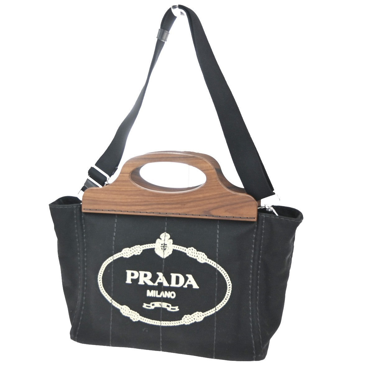 PRADA Milano Logo CANAPA 2Way Tote Hand Bag Canvas Wood Black Italy 50RL769