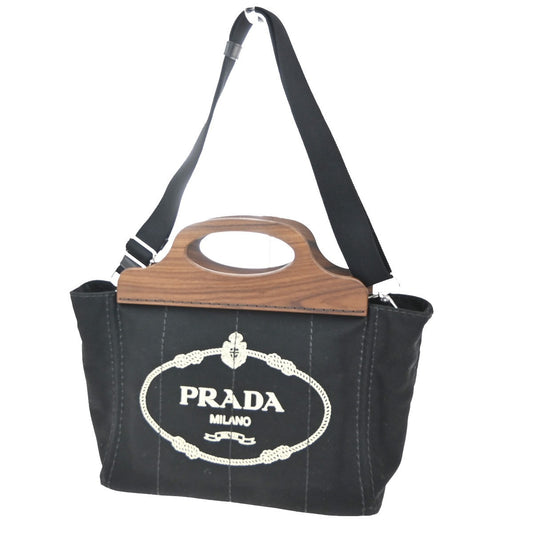PRADA Milano Logo CANAPA 2Way Tote Hand Bag Canvas Wood Black Italy 50RL769