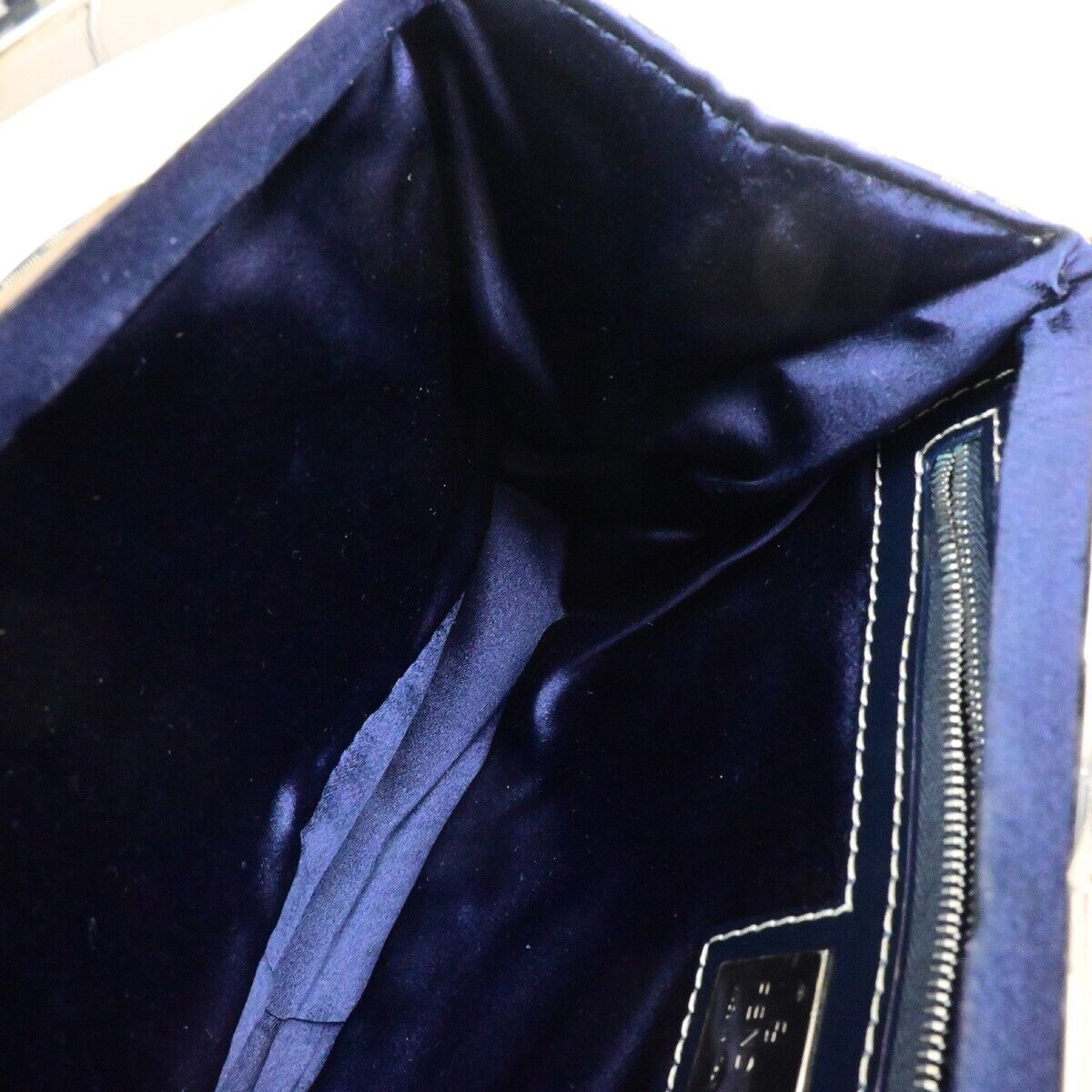 FENDI Logo Zucchino Pattern Hand Bag Nylon Leather Navy Blue Silver 31KA551