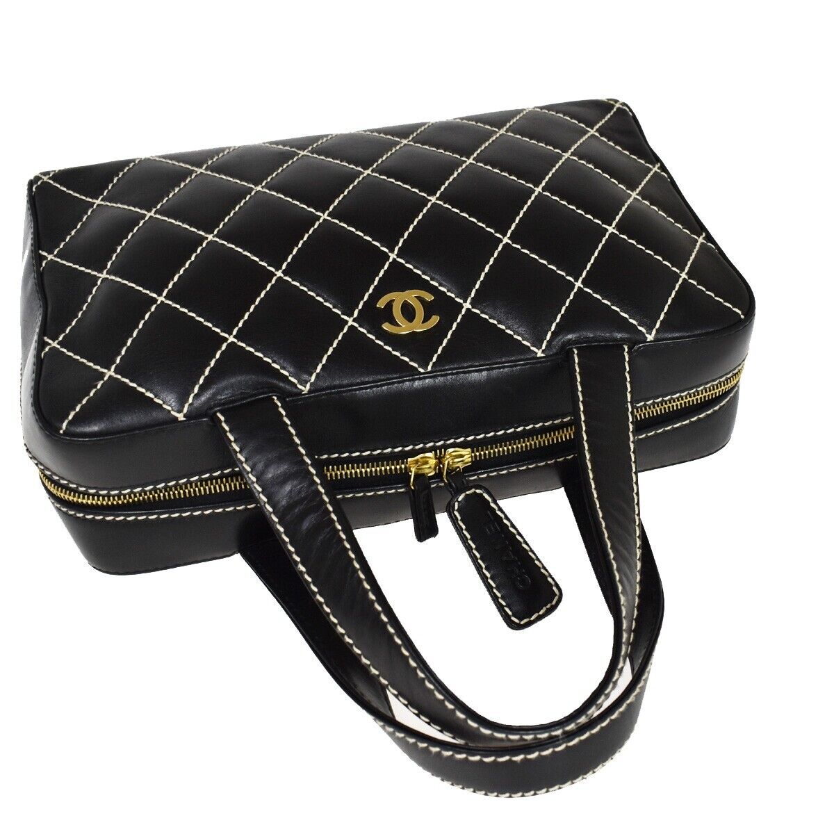CHANEL CC Logo Wild Stitch Hand Tote Bag Leather Black GHW Italy 673RC754
