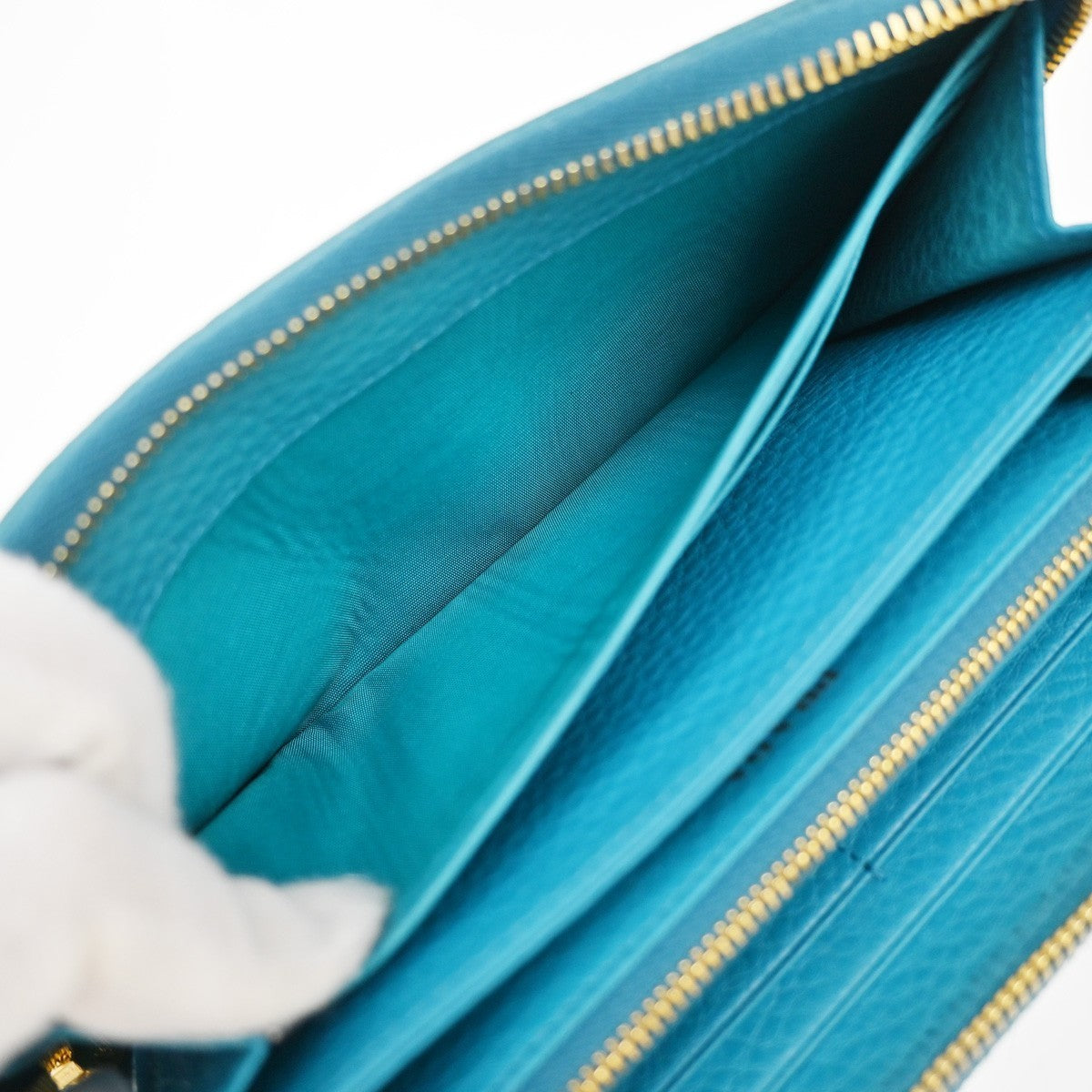 PRADA Logo Long Zipper Around Wallet Vitello Grain Leather Blue Italy 30KB104