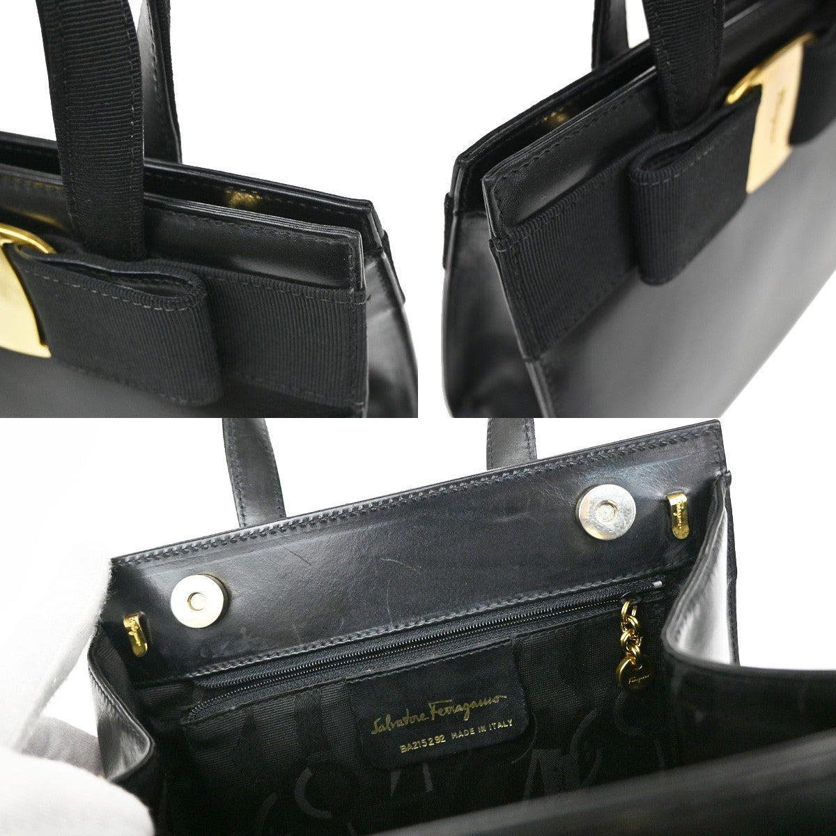 SALVATORE FERRAGAMO Logo Vara Hand Bag Leather Canvas Black GHW Italy 64KB165