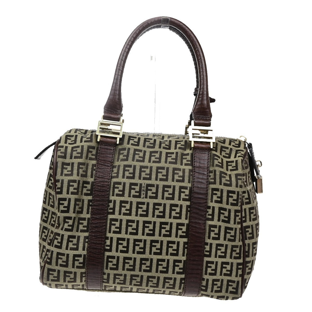 FENDI Logo Zucchino Mini Boston Hand Bag Canvas Leather Brown GHW Italy 79MA718