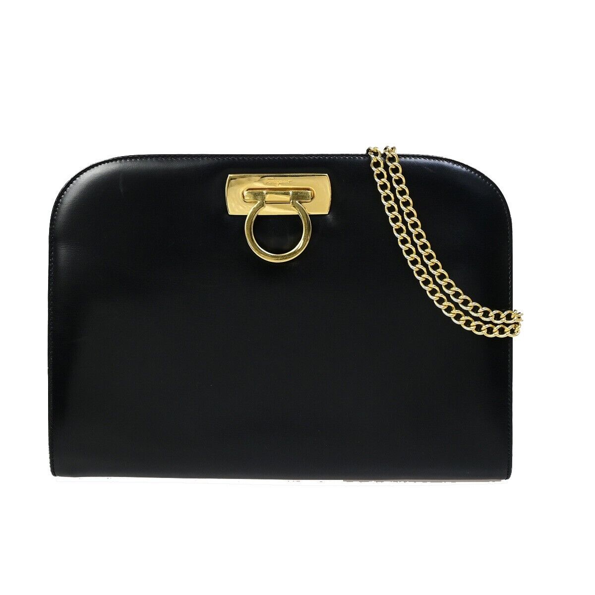SALVATORE FERRAGAMO Gancini 2Way Chain Shoulder Clutch Bag Leather Black 36EB863