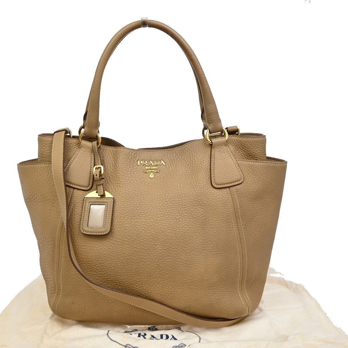 PRADA Logo 2Way Shoulder Hand Bag Vitello Phenix Leather Beige Italy 70KB268