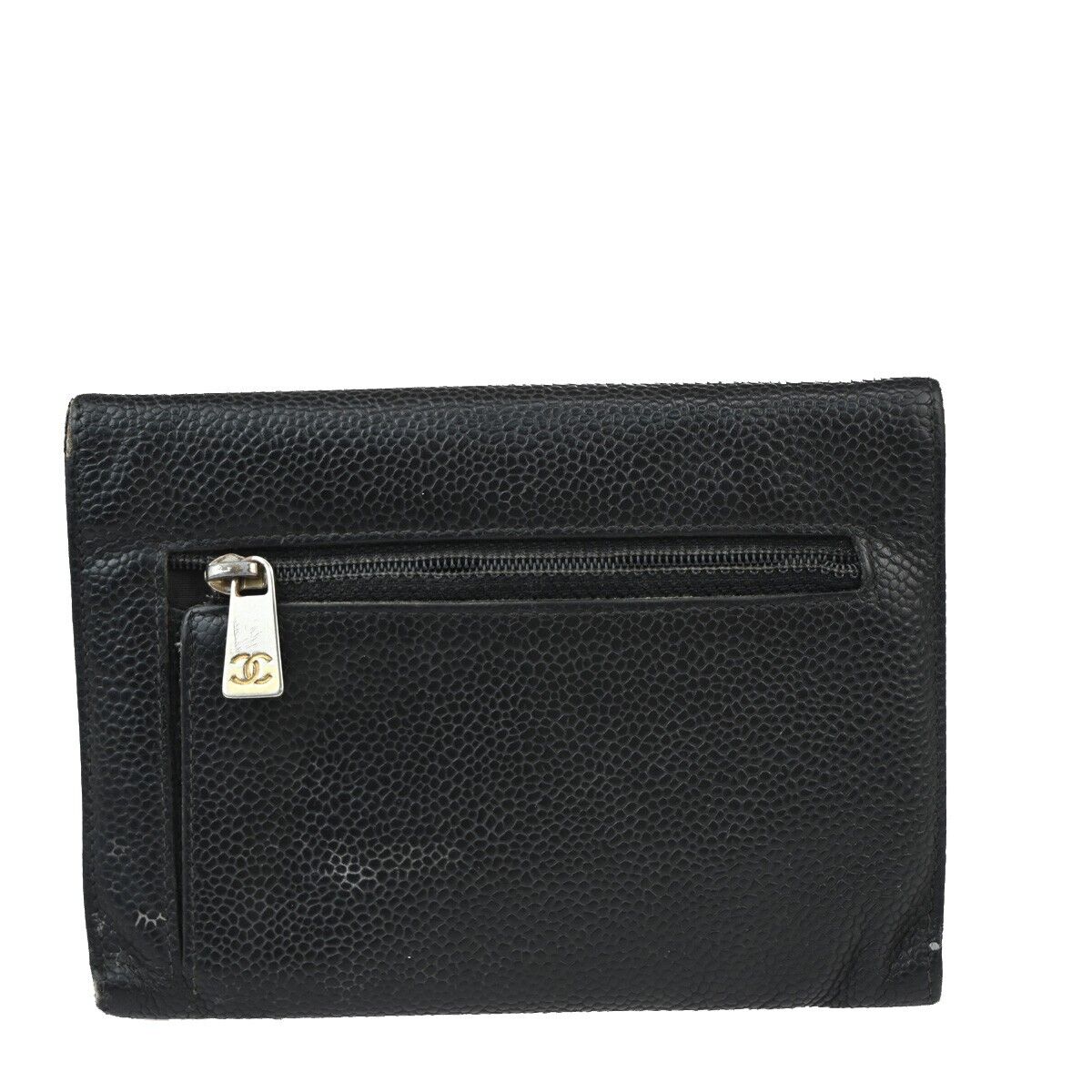 CHANEL CC Logo Trifold Wallet Purse Caviar Skin Leather Black GHW 02EA898