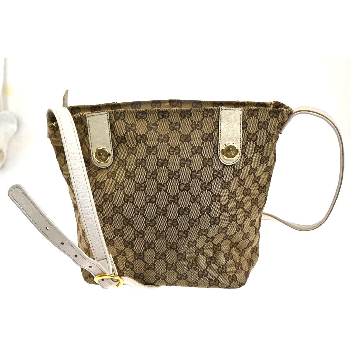 GUCCI Logo  Shoulder Bag GG  Canvas Leather Beige White GHW Italy 31CA457