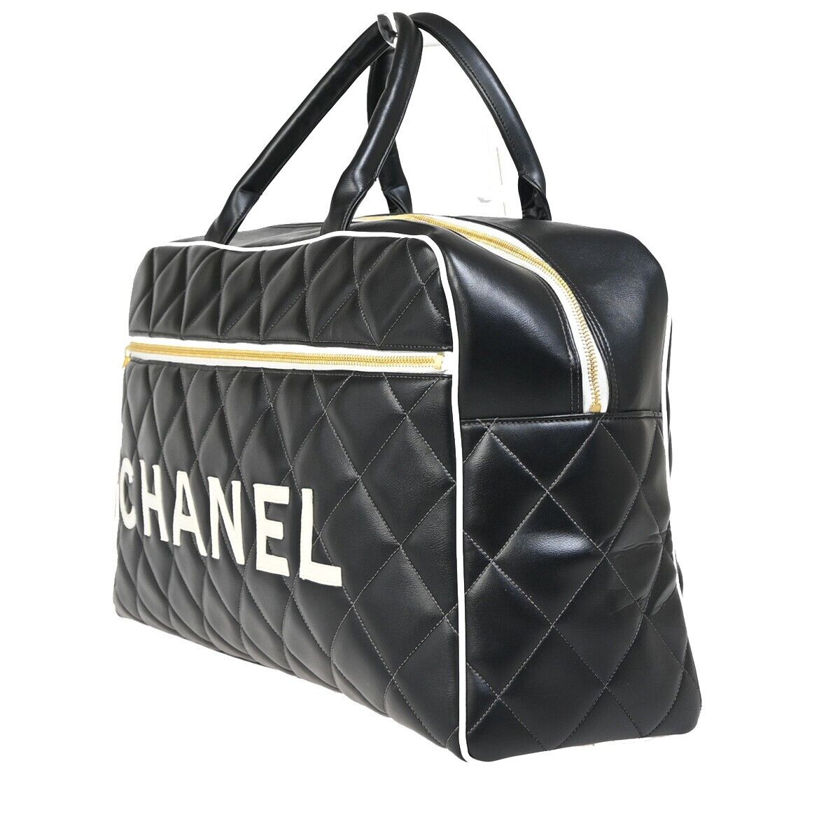 CHANEL CC Logo Matelasse Travel Hand Bag  Leather Black White GHW 847RF134