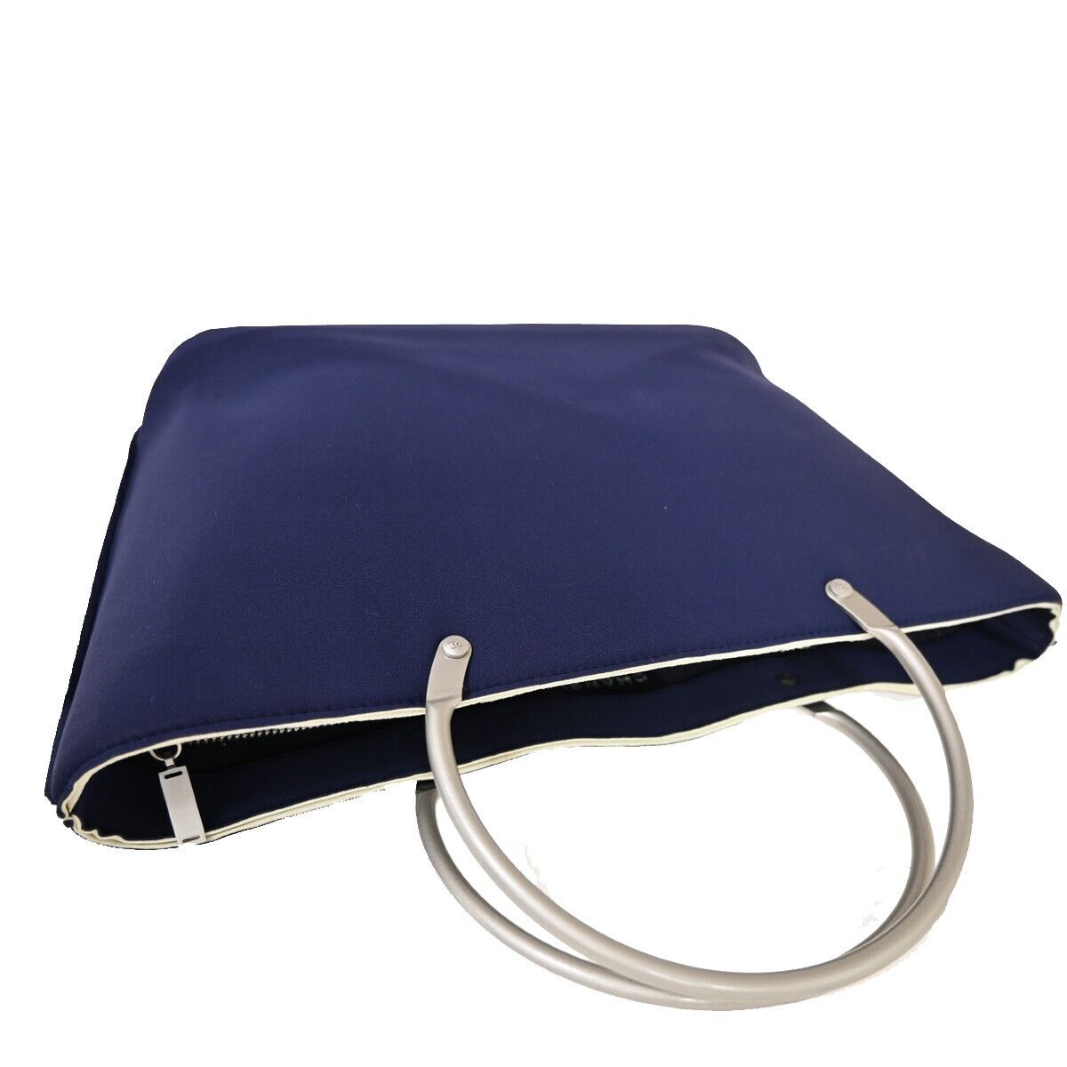 CHANEL CC Logo Metal Handle Hand Tote Bag Nylon Leather Blue Silver 35KA012