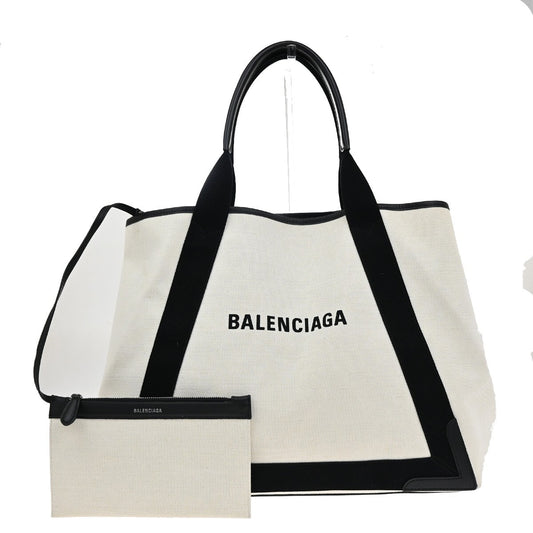 BALENCIAGA Navy Cabas M Shoulder Hand Bag Canvas Leather Ivory Black 73EF052