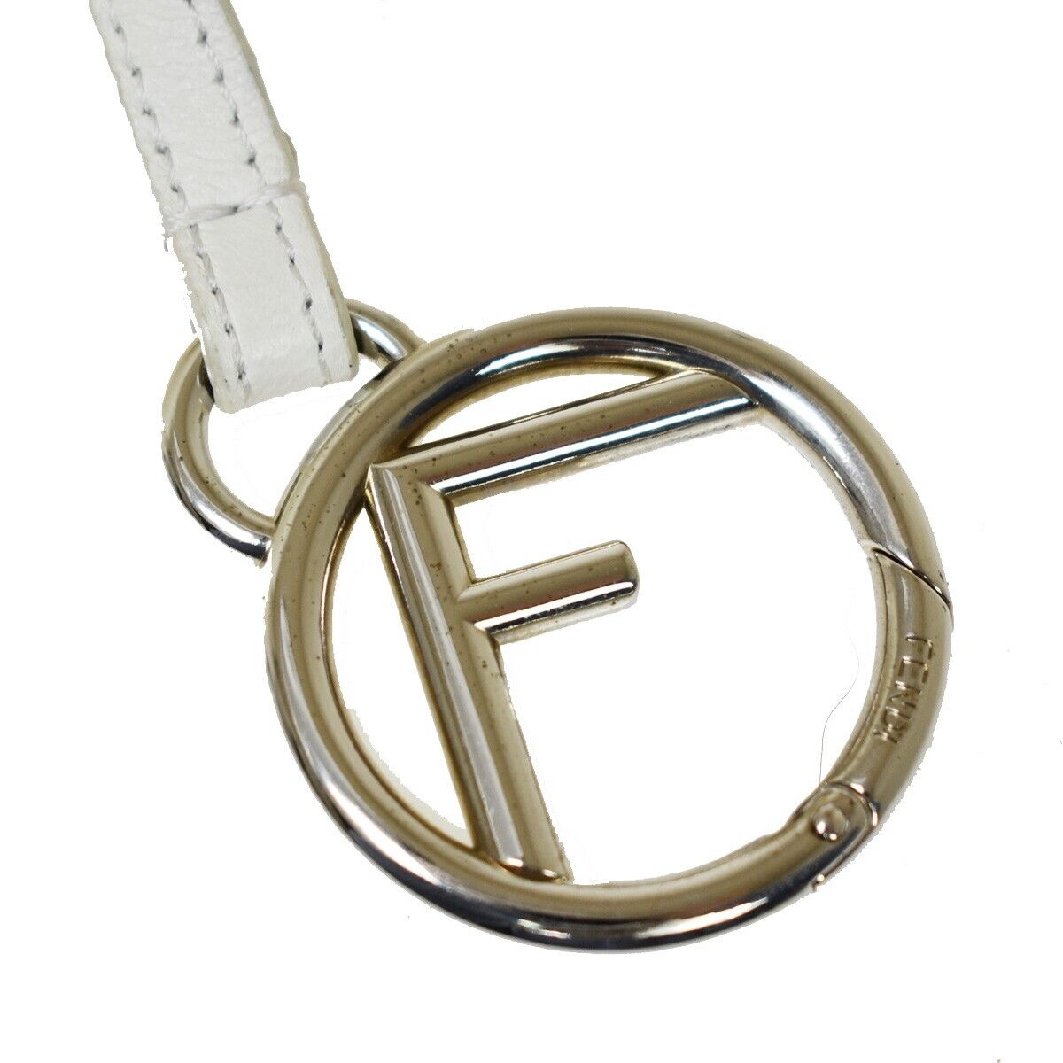FENDI Logo Pompom Bag Charm Key Ring Fox Fur Leather White Italy 04JH636