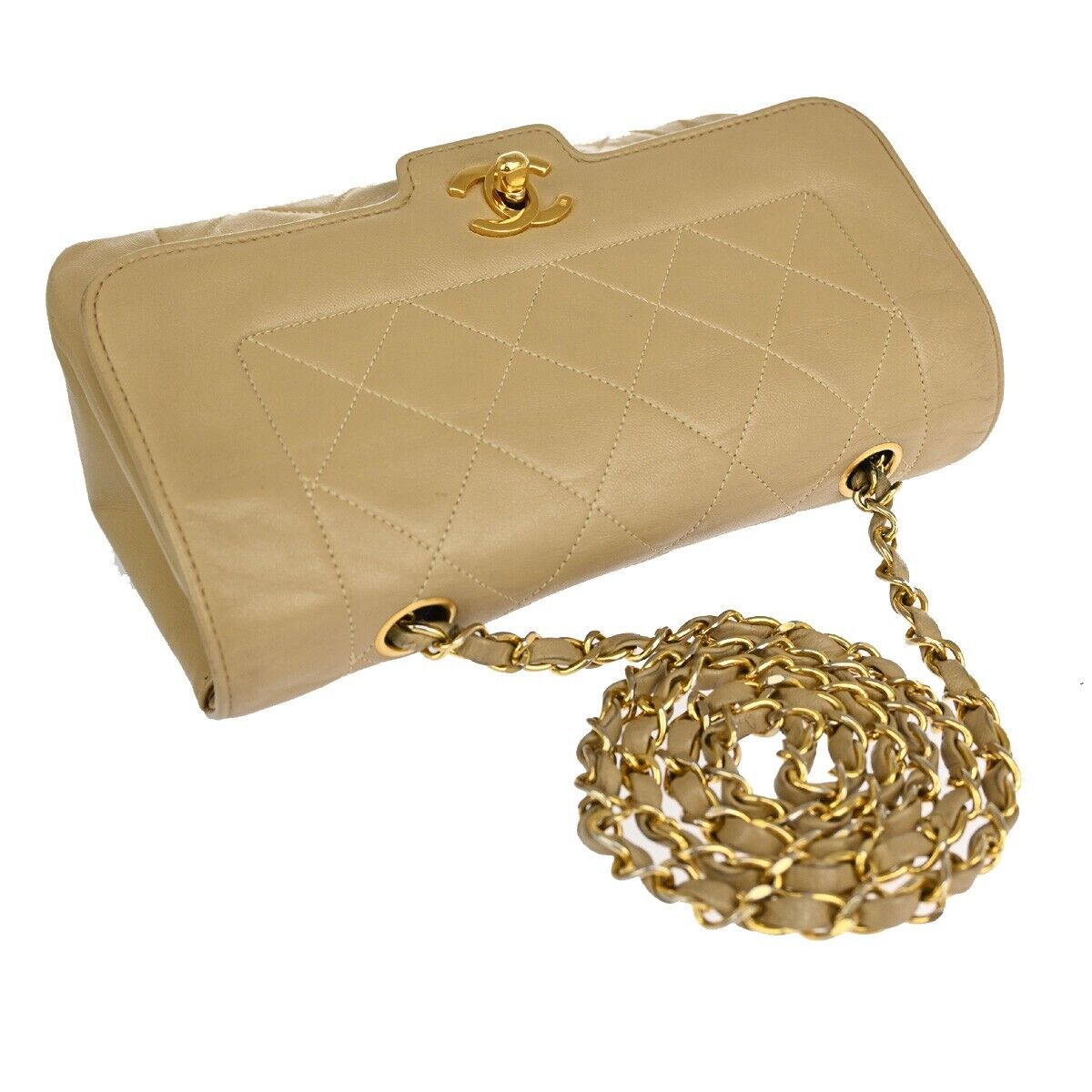 CHANEL CC Logo Matelasse Chain Shoulder Bag Leather Beige GHW Vintage 318RJ477