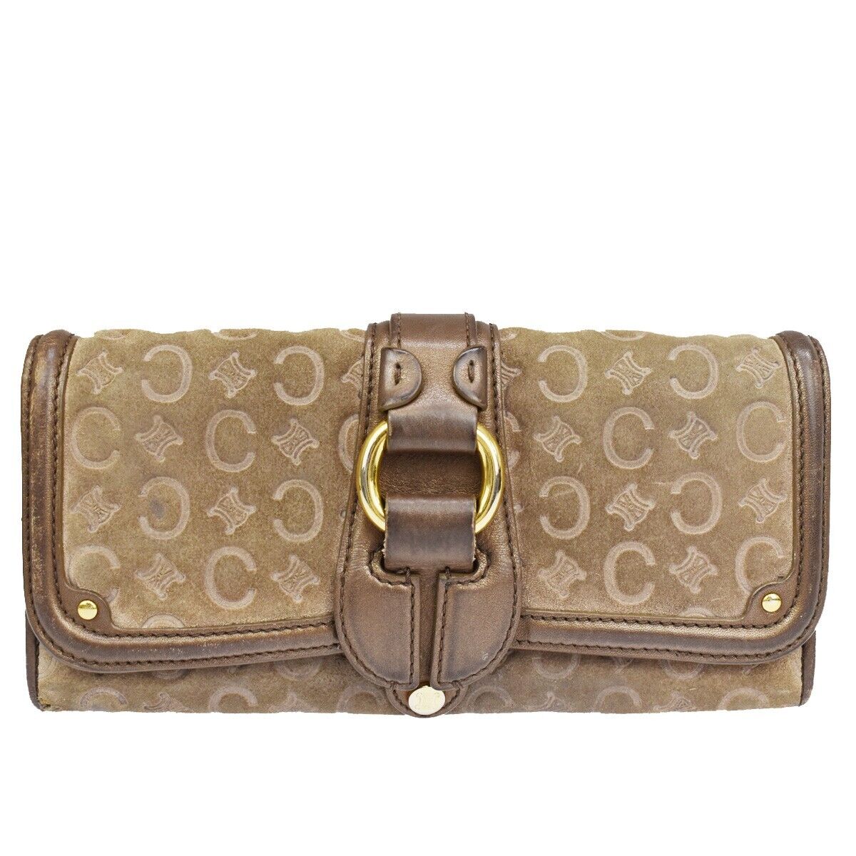 CELINE Logo Macadam Long Bifold Wallet Purse Suede Leather Brown 07GA648