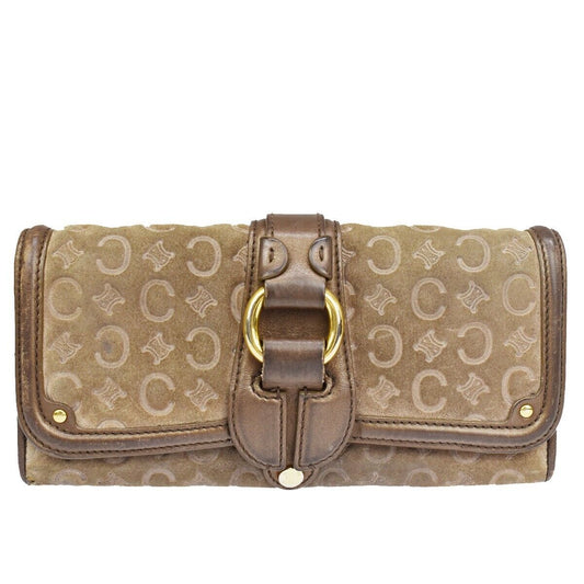 CELINE Logo Macadam Long Bifold Wallet Purse Suede Leather Brown 07GA648