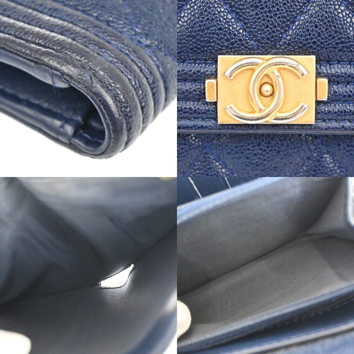 CHANEL CC Chanel boy Trifold Wallet Purse Caviar Skin Leather Navy Blue 34HB611