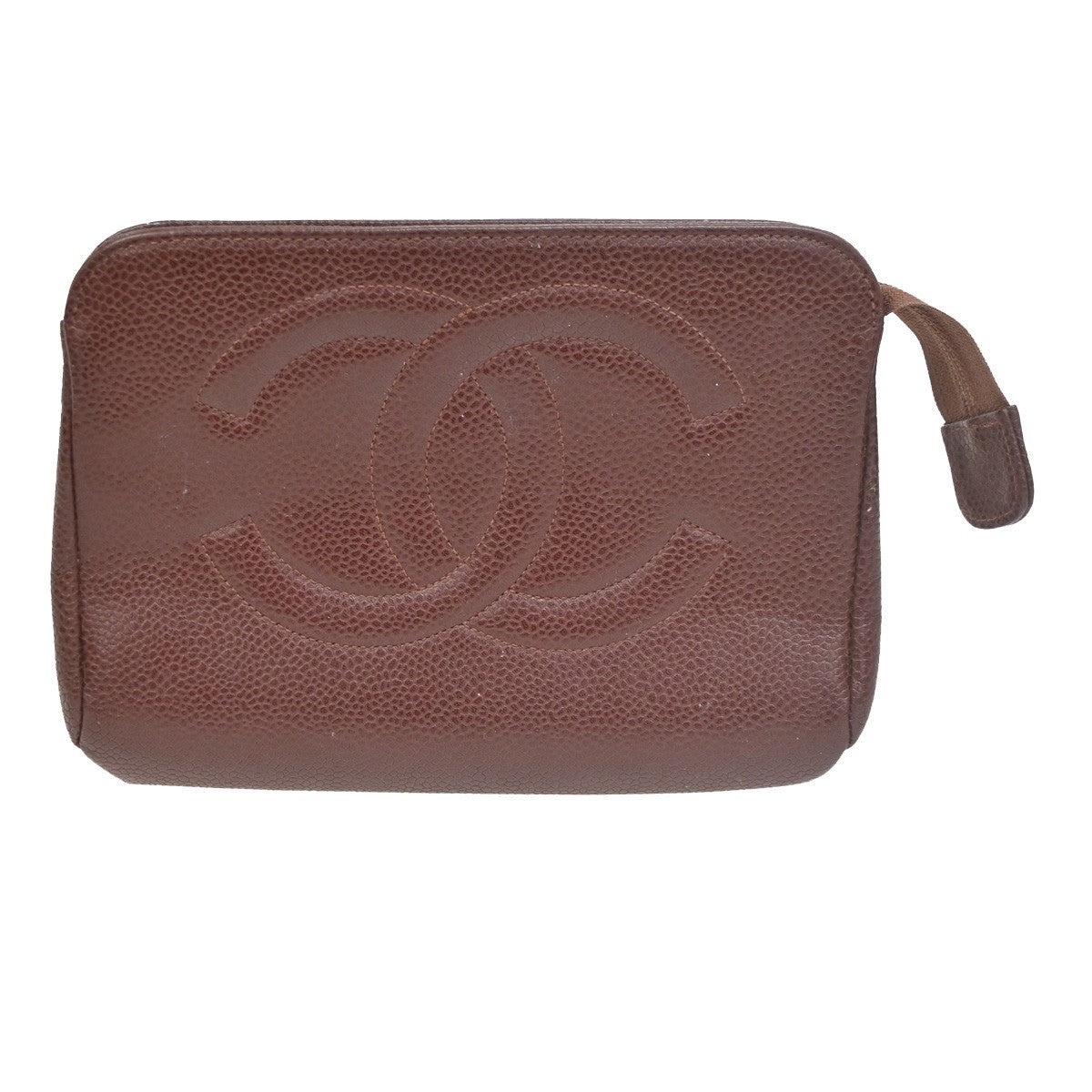 CHANEL CC Logo Pouch Grained Calfskin Leather Red Gold Italy 30KC157