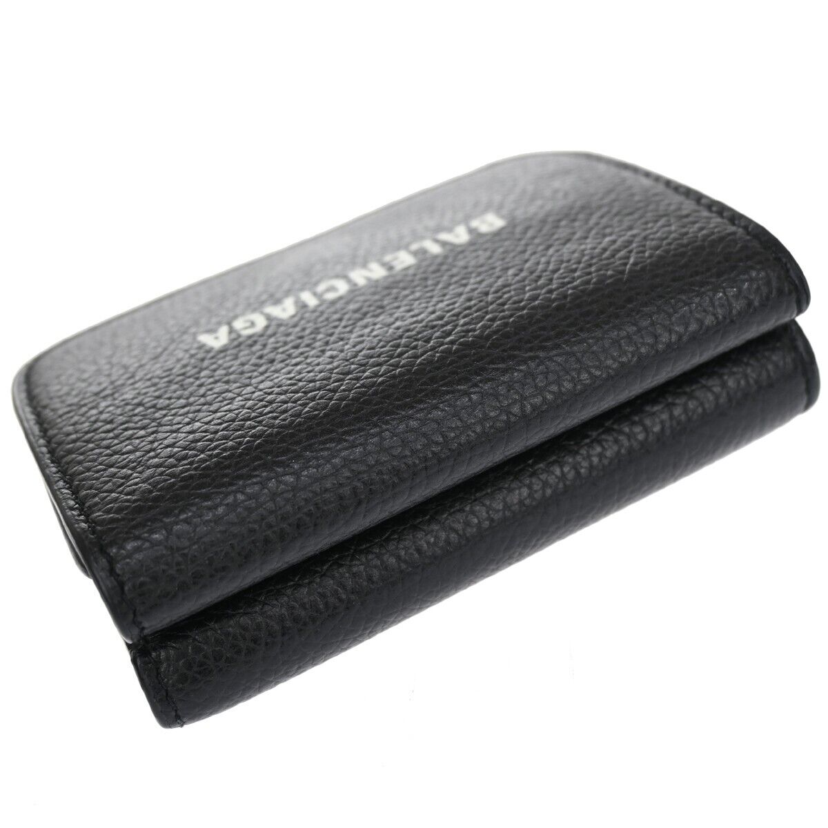 BALENCIAGA Logo Everyday Mini Trifold Wallet Purse Leather Black Italy 64HB612