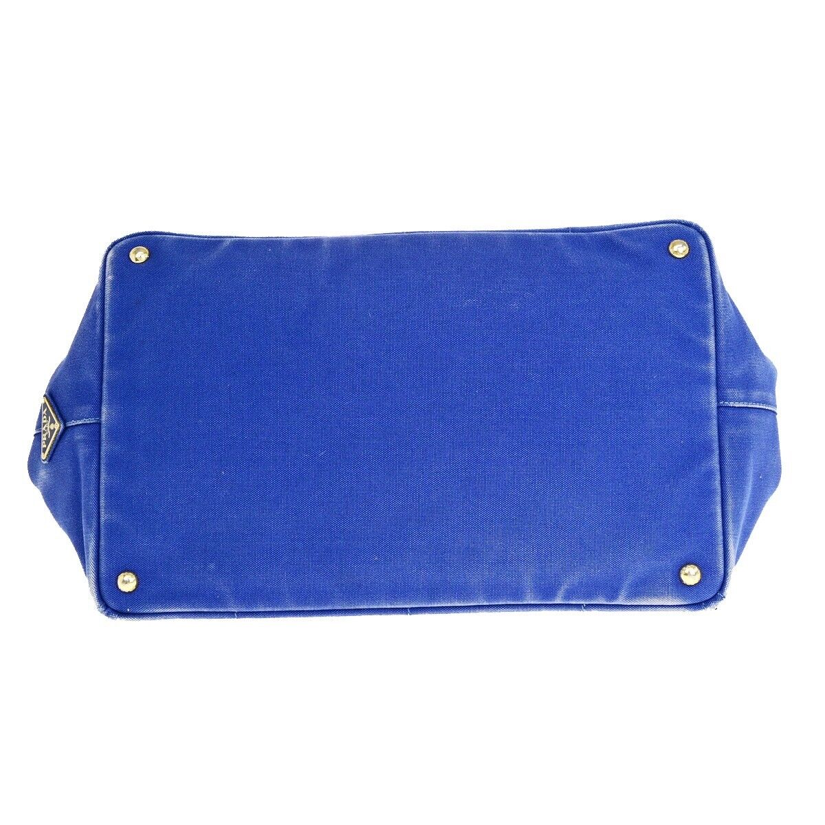 PRADA Milano Logo CANAPA Tote Hand Bag Canvas Leather Blue Gold 68EB512