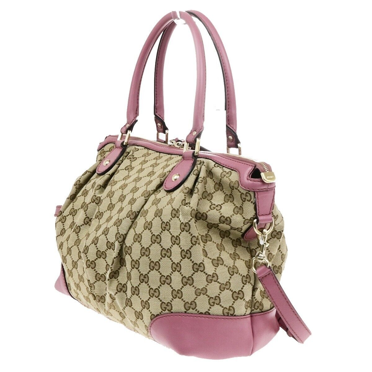 GUCCI Logo GG Pattern Shoulder Bag Canvas Leather Pink Brown GHW 32ED950