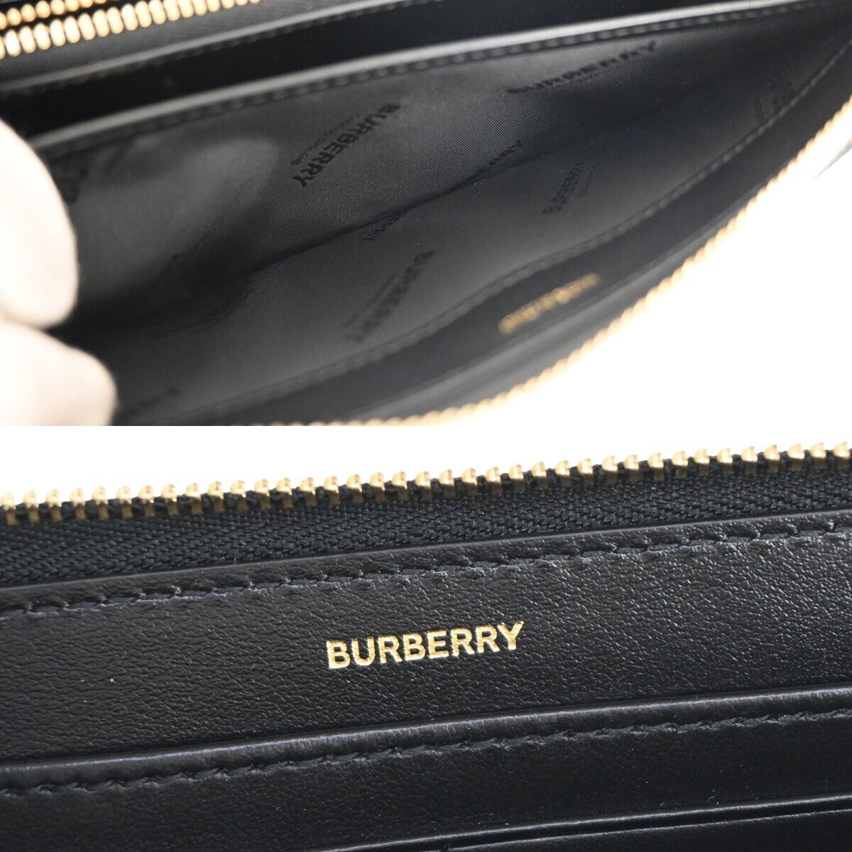 BURBERRY Logo  Zipper Long Wallet Purse Leather Black Gold Italy 31KA118