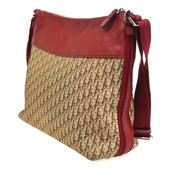 CHRISTIAN DIOR Logo Trotter Shoulder Bag Canvas Leather Red Brown 16TA621