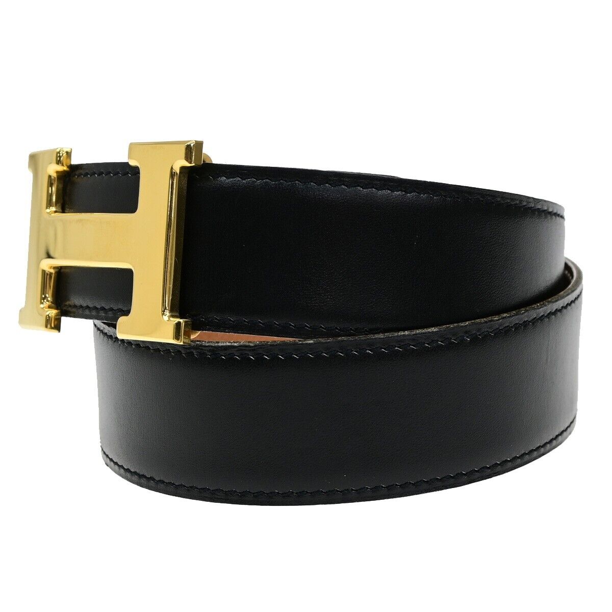 HERMES H Logo Constance Reversible Buckle Belt Leather #65 Black Brown 89YH515