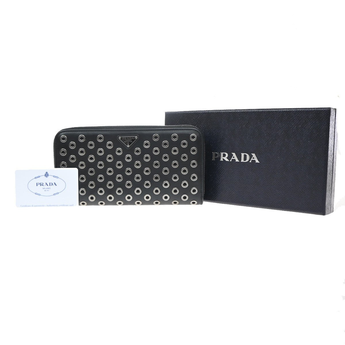 PRADA Bifold Zipper Around Long Grommet Wallet Leather Black Italy 68KD161
