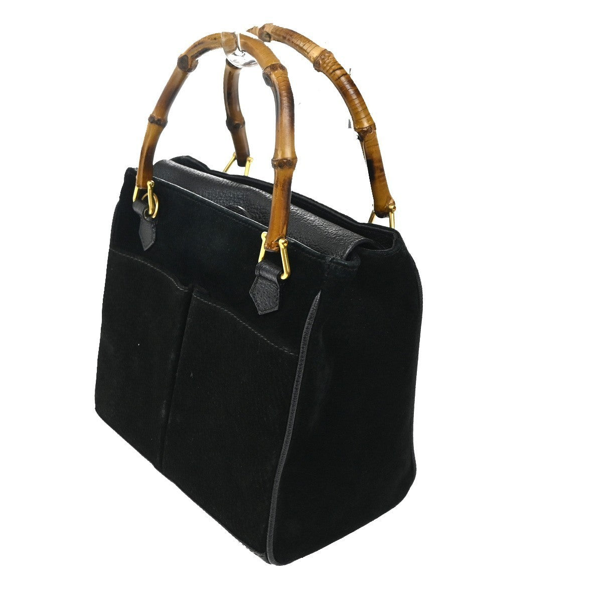 GUCCI Logo Bamboo 2Way Shoulder Hand Bag Suede Leather Black GHW Italy 86TA526