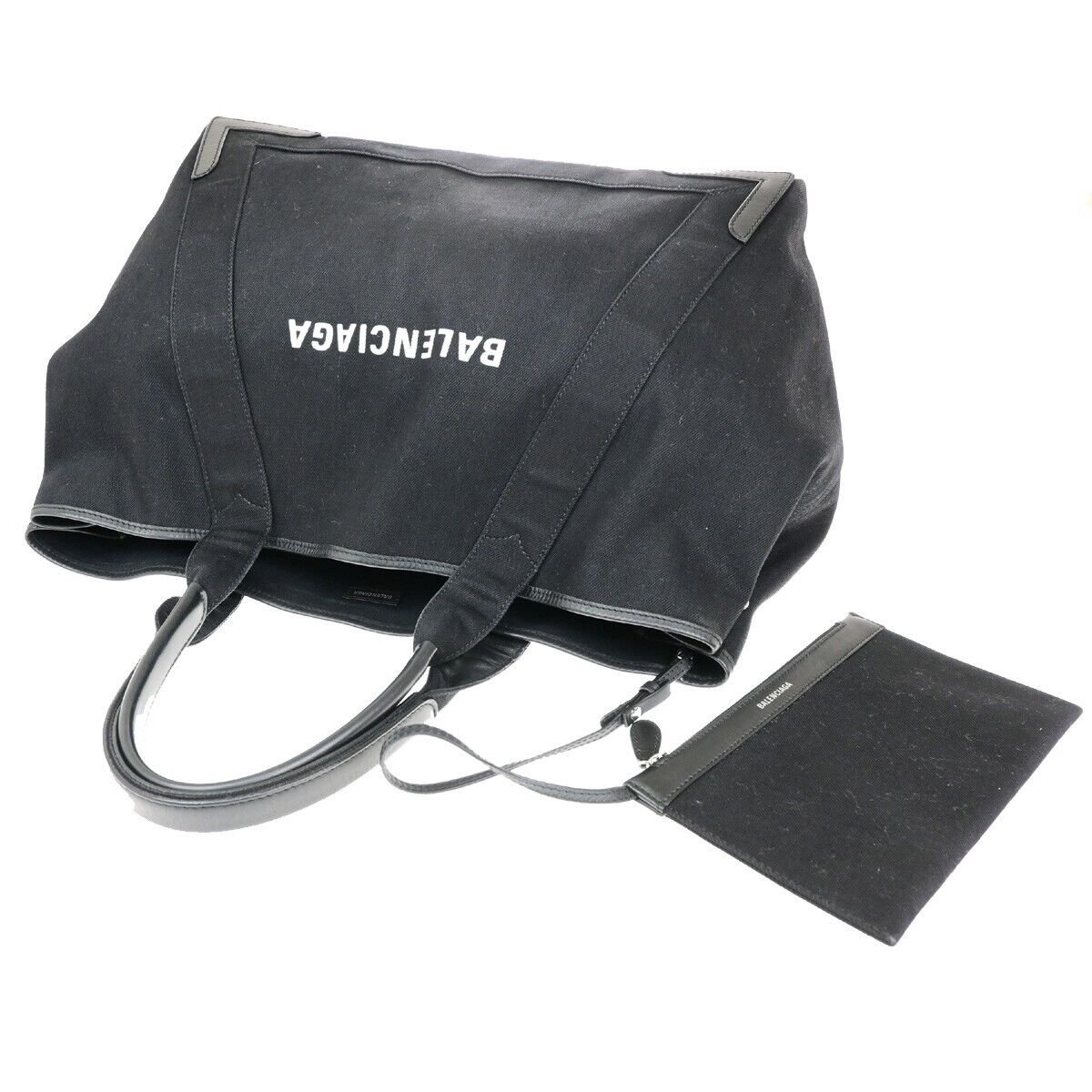 BALENCIAGA Logo Navy Cabas Shoulder Tote Bag Canvas Leather Black 34ED425