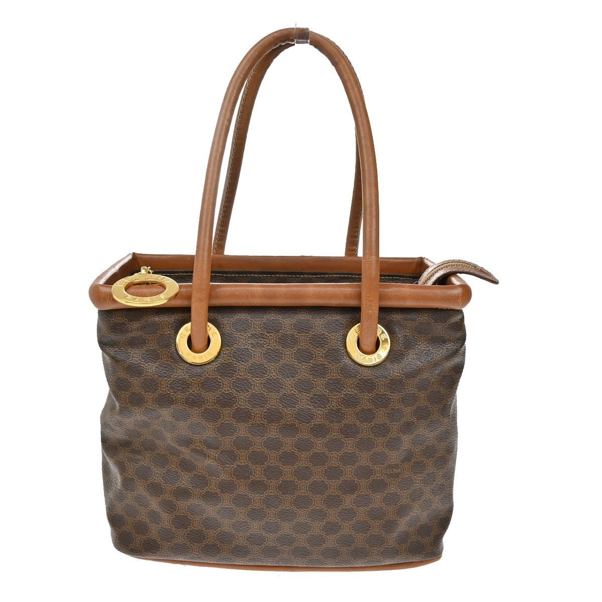 CELINE Logo Circle Macadam Pattern Hand Bag PVC Leather Brown GHW Italy 38KB361