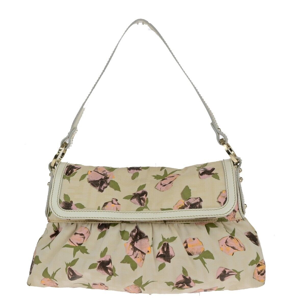 FENDI Logo Zucca Pattern Flower Hand Bag Canvas Leather Beige Pink Italy 88ED405