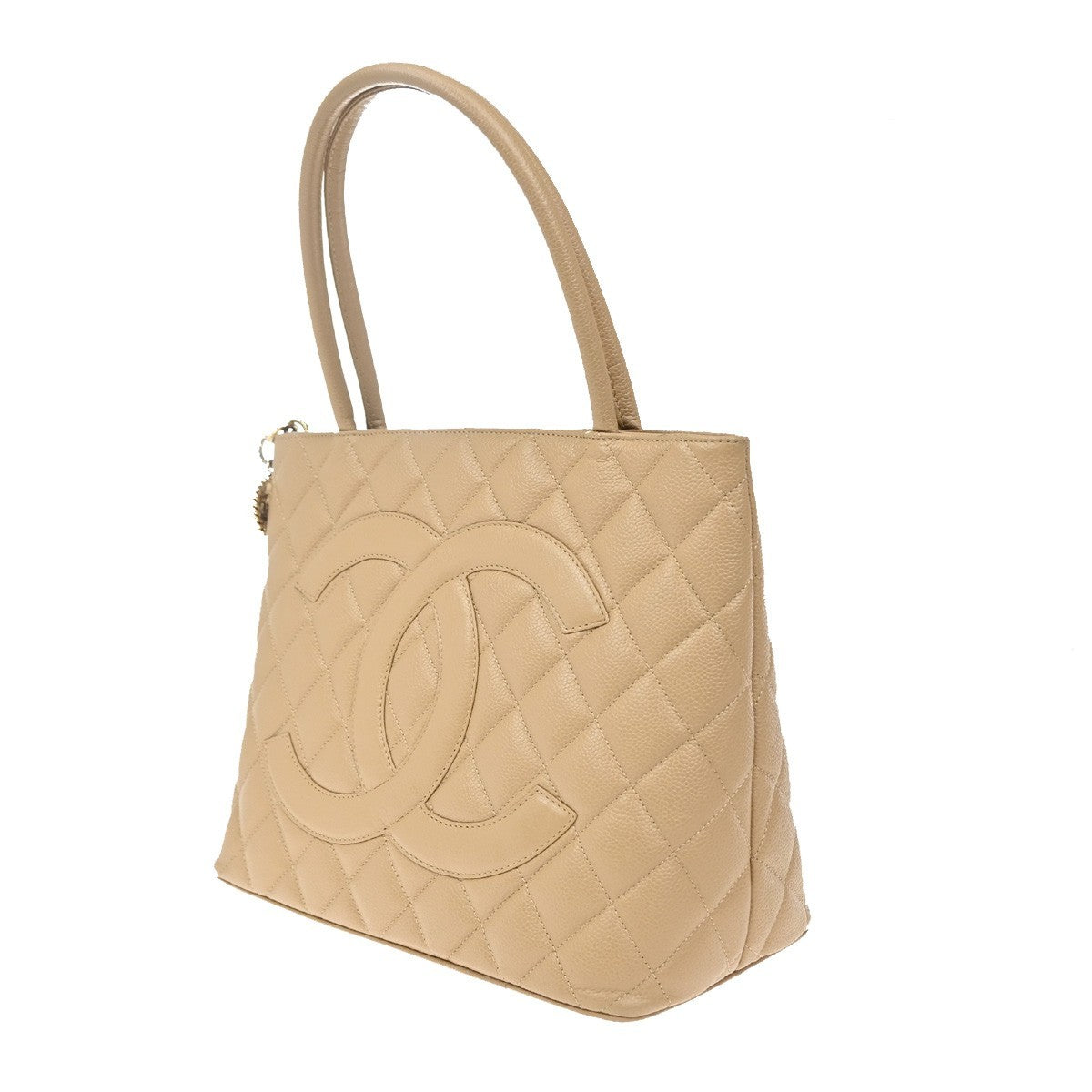CHANEL Medallion Matelasse Shoulder Bag Grained Calfskin Leather Beige 648RF884