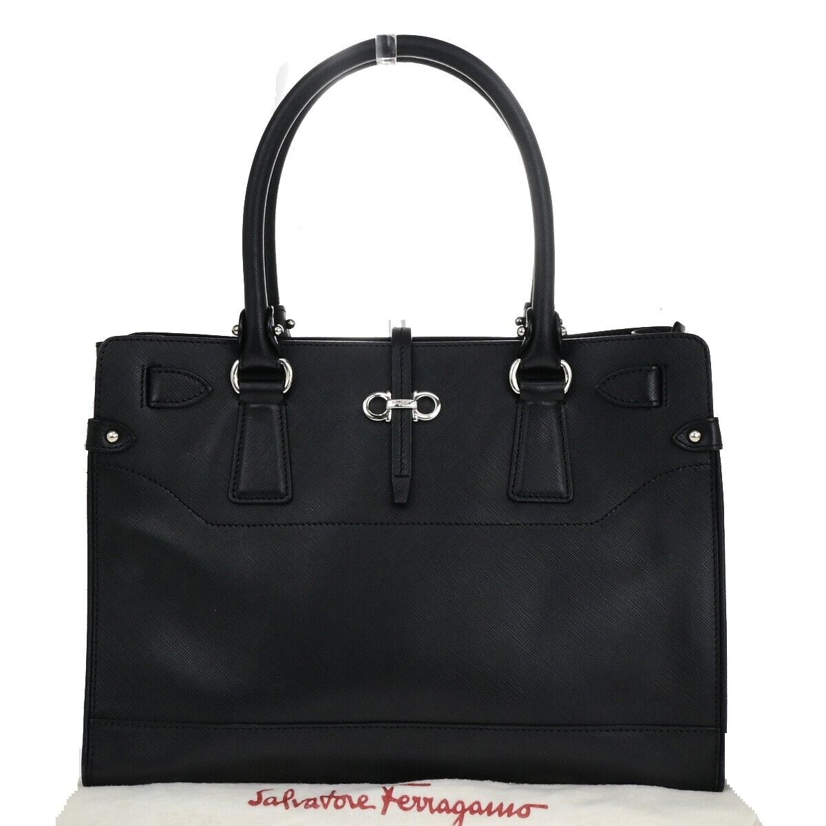 SALVATORE FERRAGAMO Gancini Hand Bag Leather Black Silver Made in Italy 61KA499