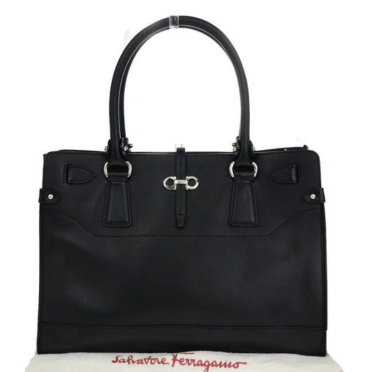 SALVATORE FERRAGAMO Gancini Hand Bag Leather Black Silver Made in Italy 61KA499