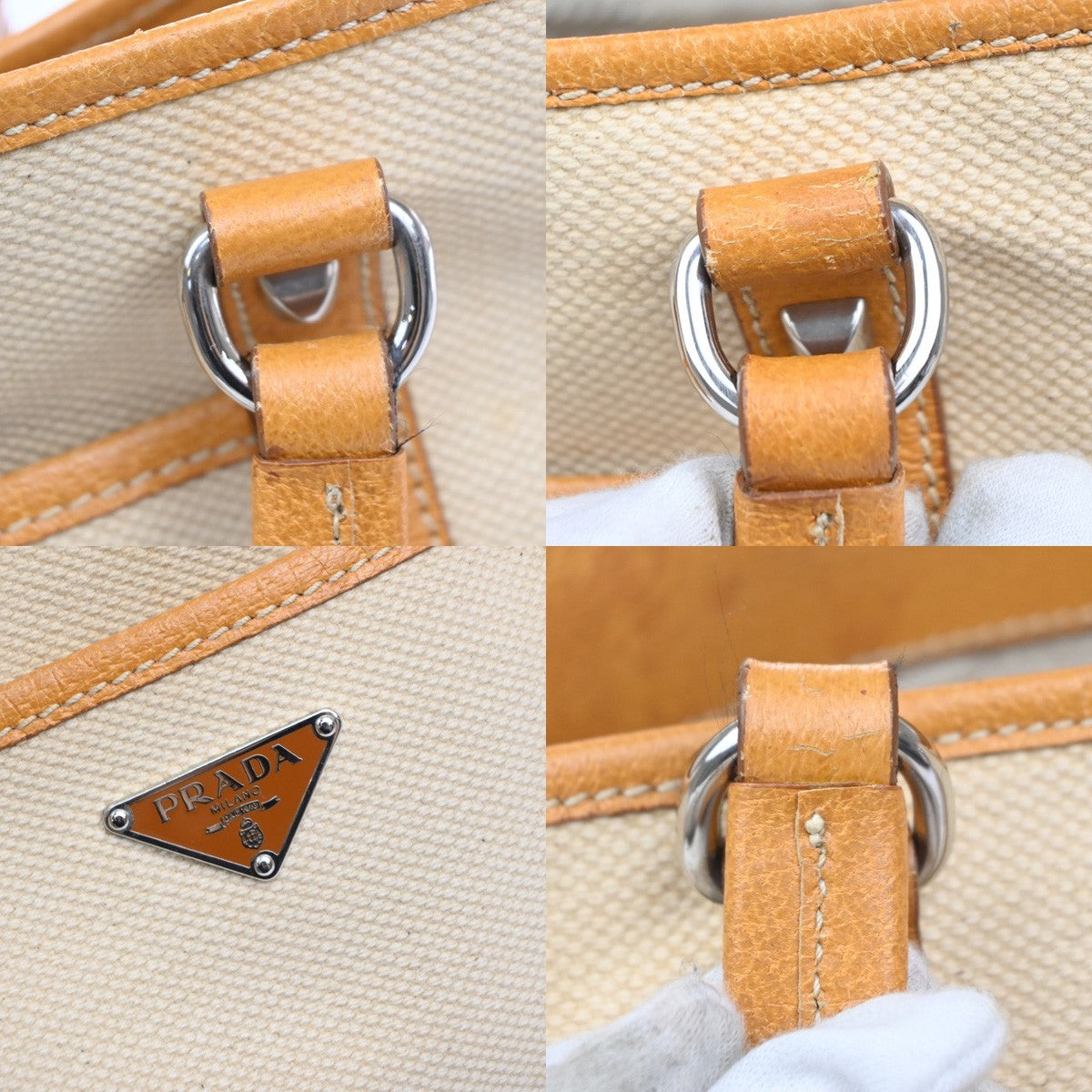 PRADA Logo Shoulder Tote Hand Bag Canvas Leather Beige Orange SHW Italy 34MA594