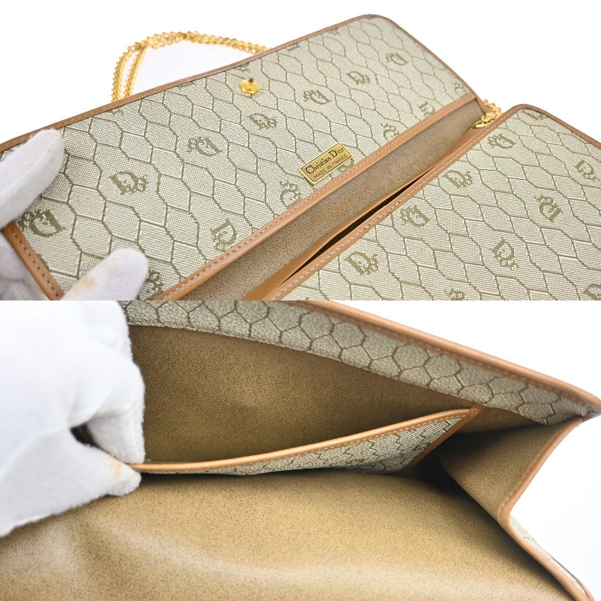 CHRISTIAN DIOR Logo Honey comb Chain Shoulder Bag PVC Leather GHW Beige 65KB707