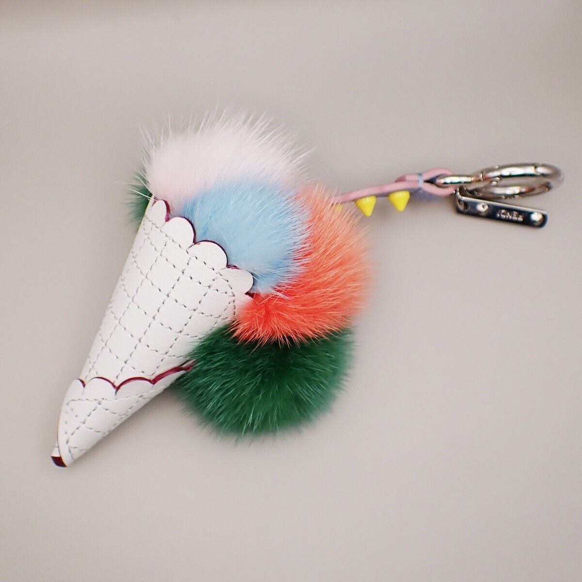 FENDI Logo Ice Cream Bag Charm Key Holder Studs Leather Fur Multi-Color 04YG572