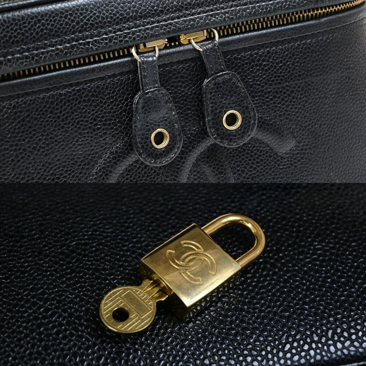 CHANEL Logo Vanity Cosmetic 2Way Hand Bag Caviar Leather Black Vintage 652RJ964