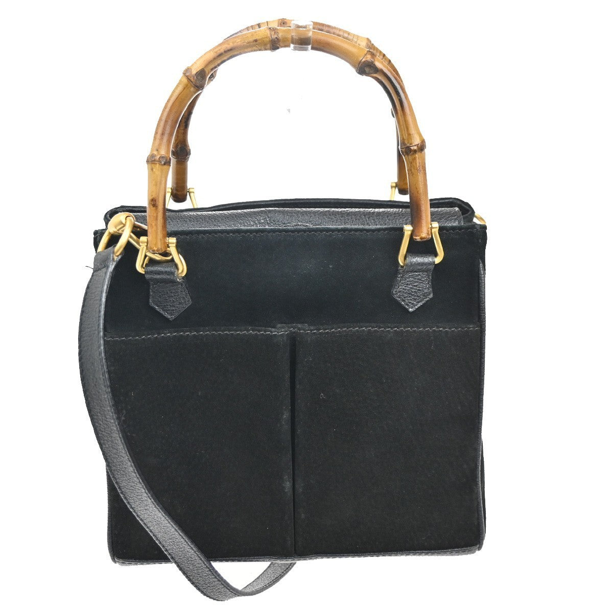 GUCCI Logo Bamboo 2Way Shoulder Hand Bag Suede Leather Black GHW Italy 86TA526