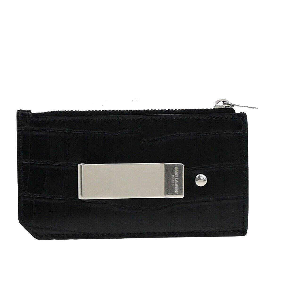 SAINT LAURENT Logo Compact Card Case Coin Wallet Embossing Leather Black 62EE084