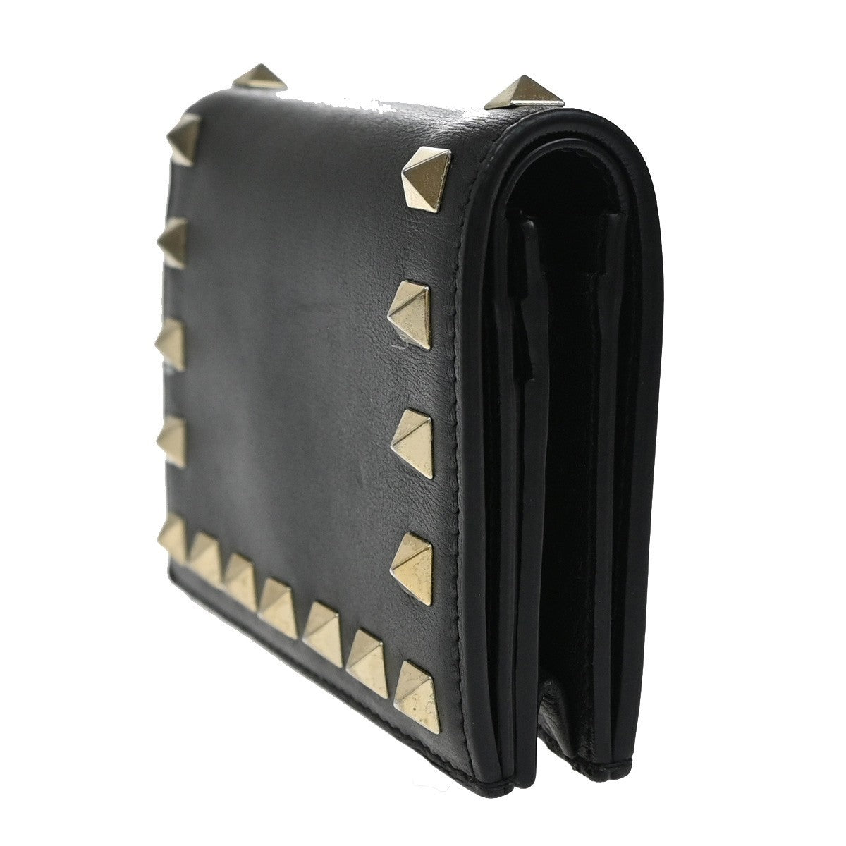 VALENTINO Logo Studs Compact Bifold Wallet Purse Leather Black GHW Italy 69KB160