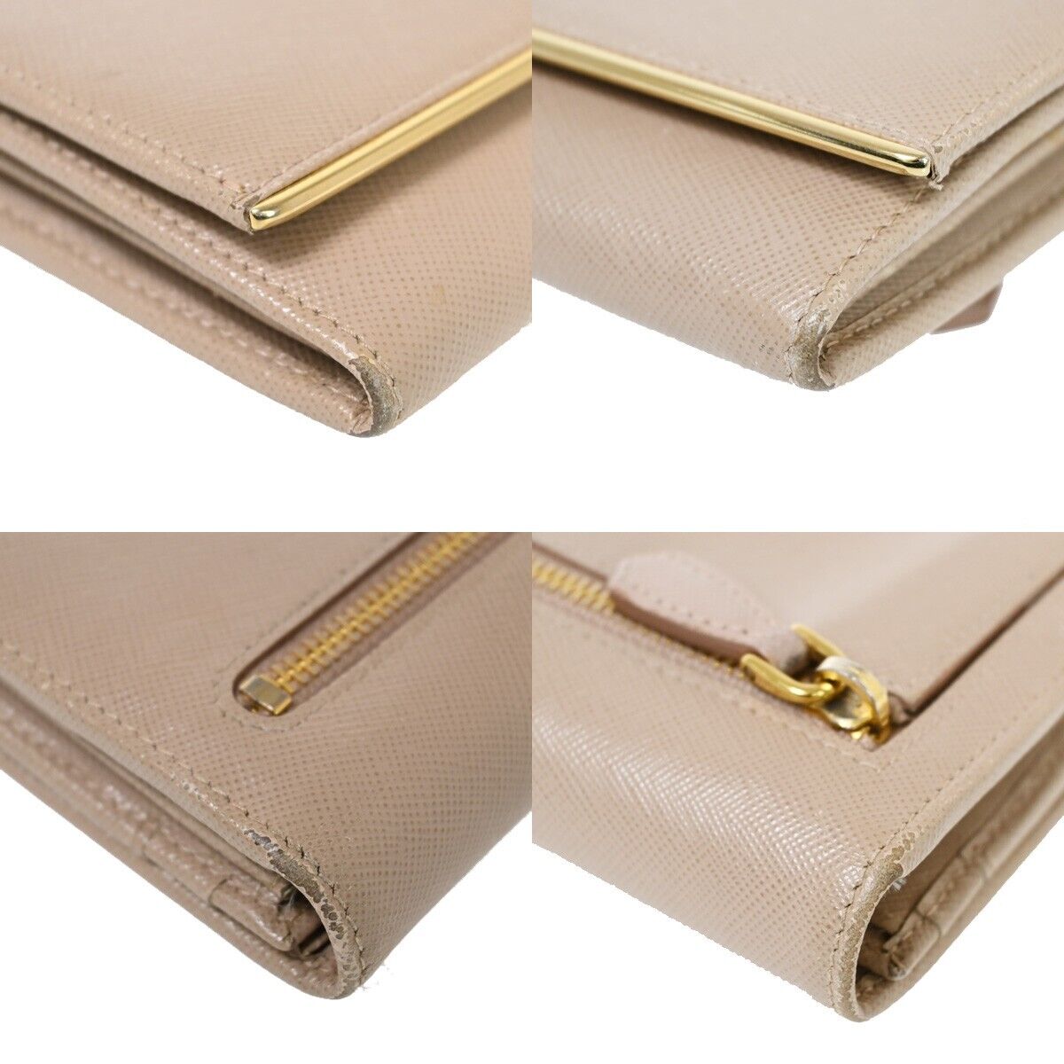 PRADA Logo Saffiano Long Bifold Wallet Purse Leather Beige Gold Italy 05SH556