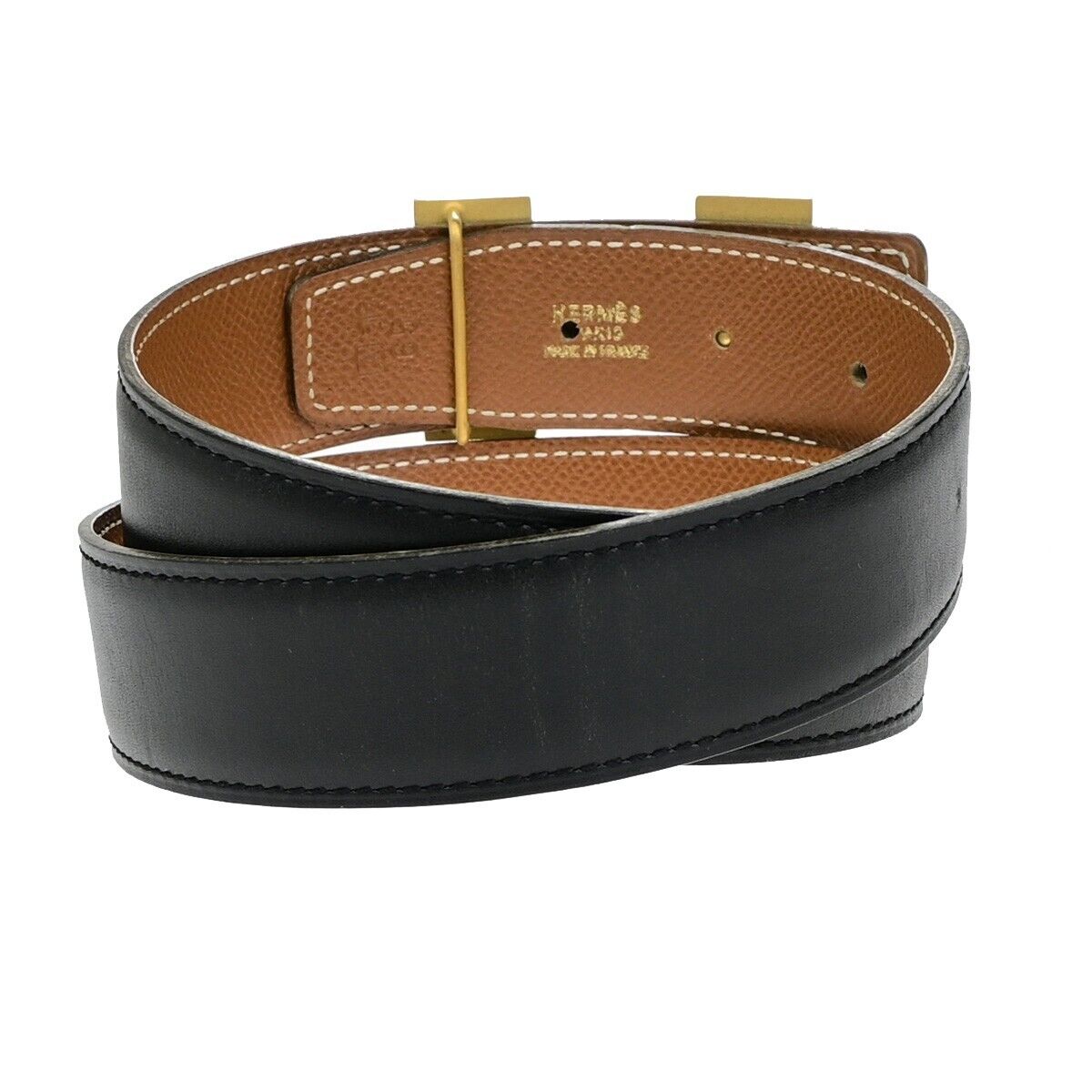 HERMES H Logo Constance Reversible Buckle Belt Leather #65 Black Brown 34YG811