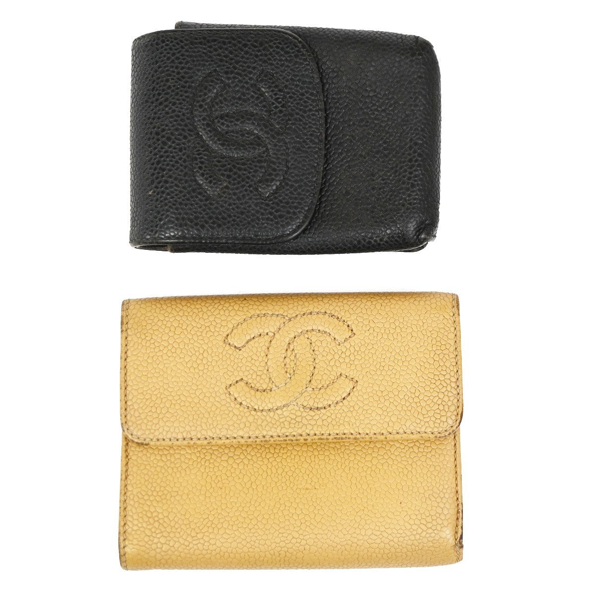 CHANEL CC Logo 2 Set Wallet Cigarette Case Grained Calfskin Brown Black 68DA117