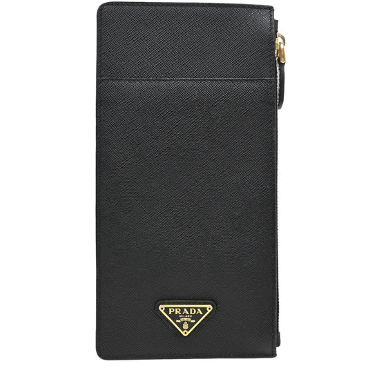 PRADA Logo Saffiano Card Holde Long Wallet Leather Black Gold Italy 65KB225