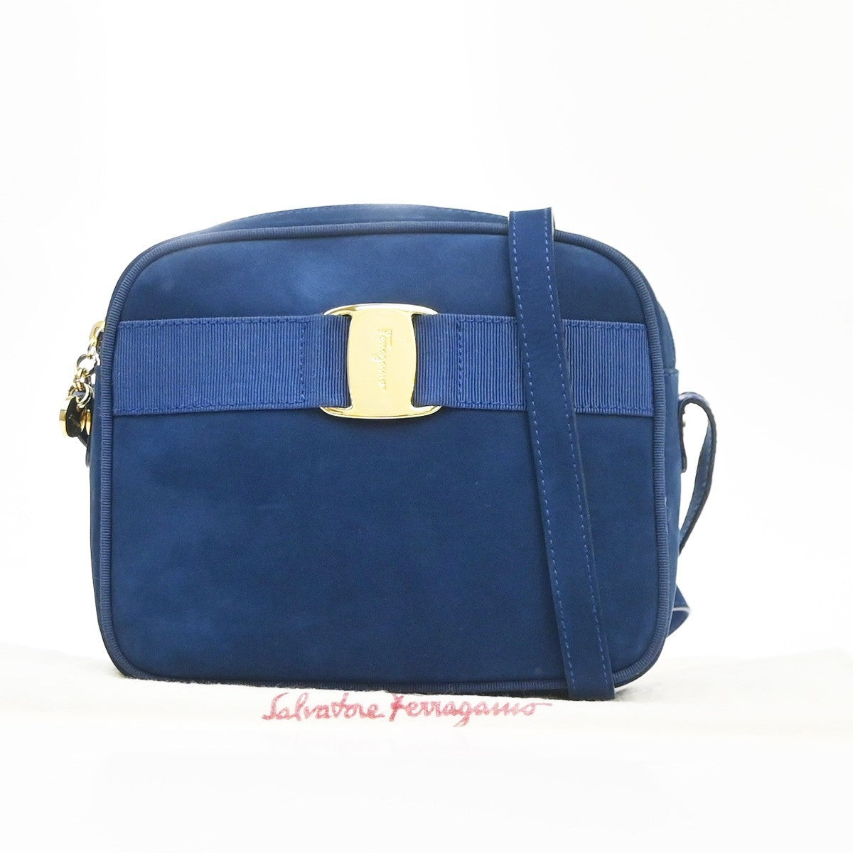 SALVATORE FERRAGAMO Vara Shoulder Bag Suede Leather Navy Blue GHW Italy 62MA558