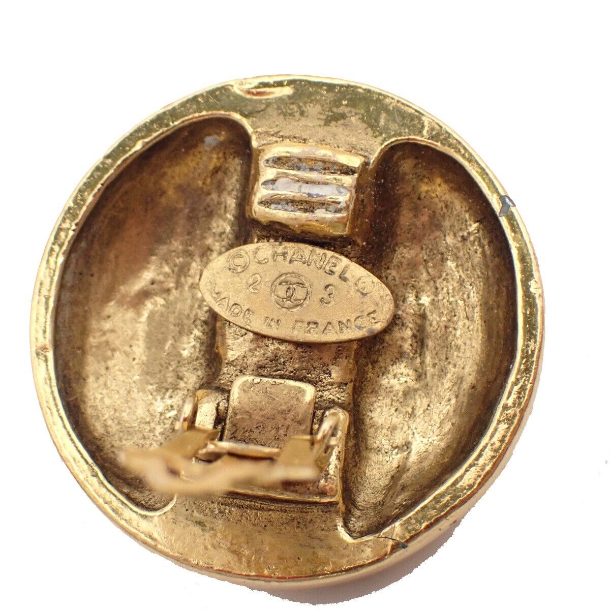 CHANEL CC Logo Rhinestone Round Button Earrings 23 Clip-On GHW Vintage 84YE513