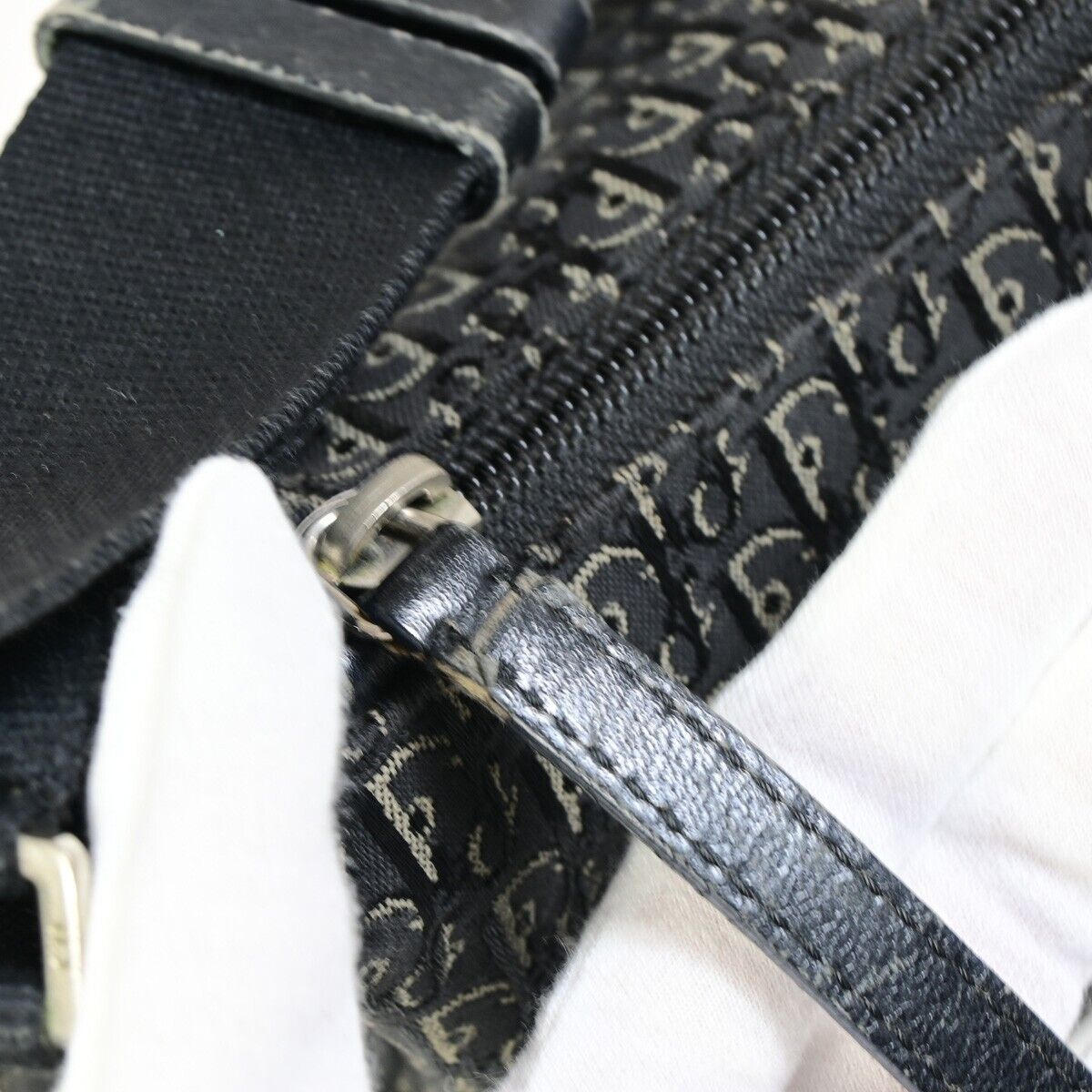 CHRISTIAN DIOR Logo Trotter Pattern Shoulder Bag Canvas Leather Black 83FA741