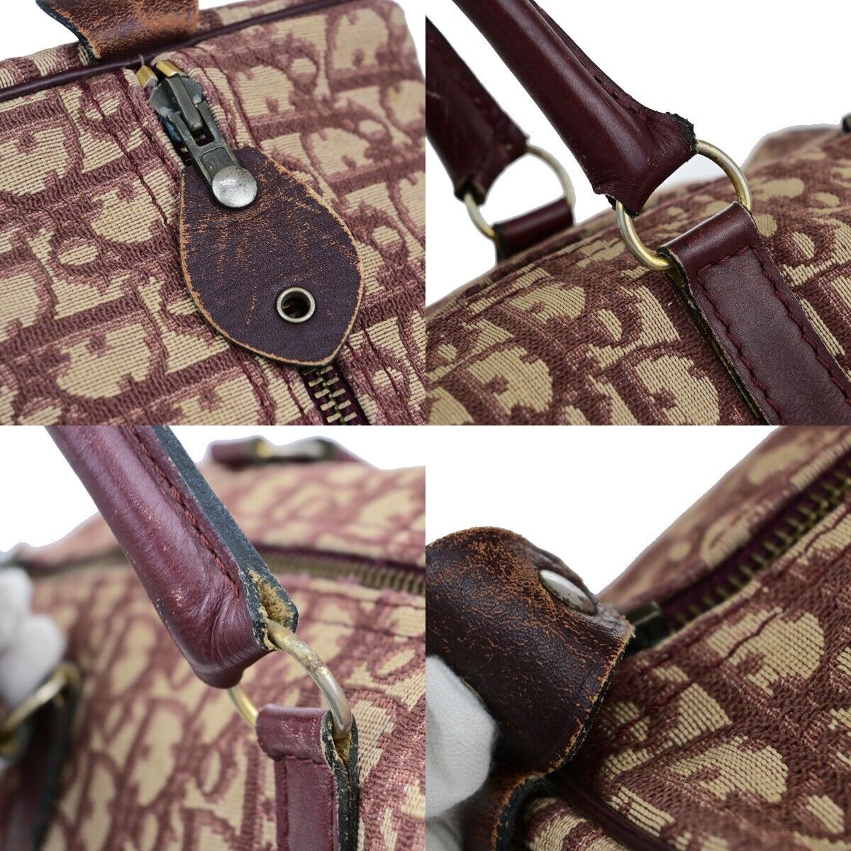 CHRISTIAN DIOR Logo Trotter Pattern Hand Bag Canvas Leather Bordeaux GHW 31EB476