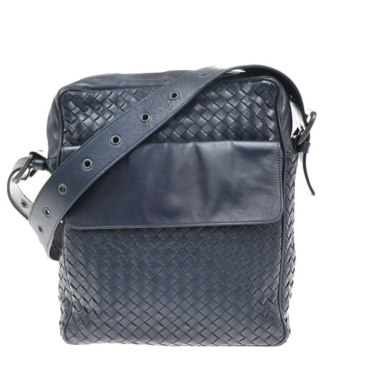 BOTTEGA VENETA Logo Intrecciato Shoulder Bag Leather Navy Blue Italy 12RL854